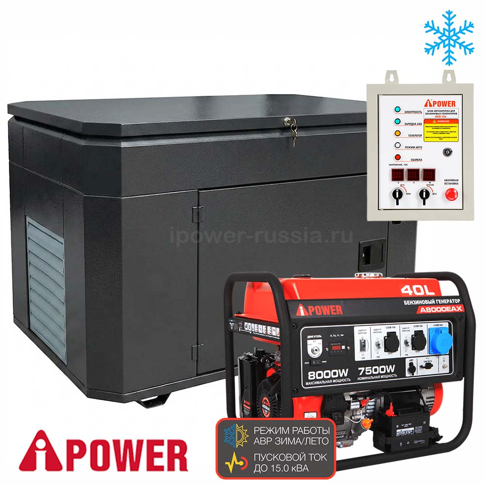 Бензиновый генератор в супер тихом зимнем кожухе с АВР A-iPower A8000EAX/1400SSW RAL 7024