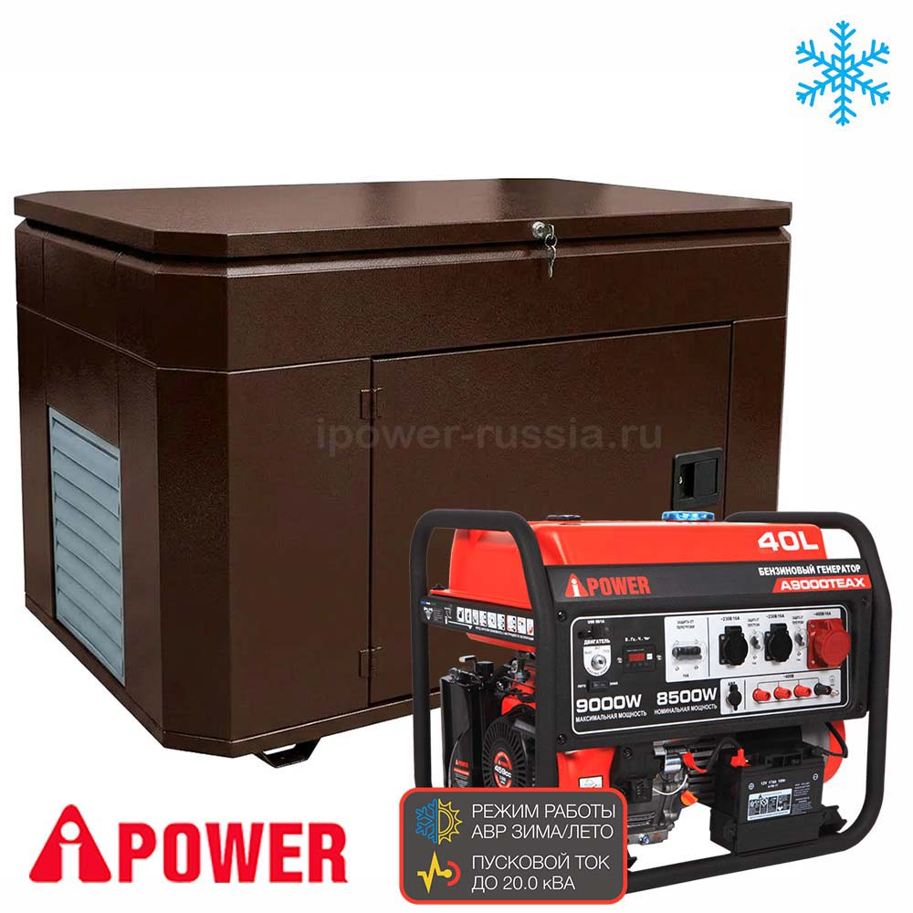 Бензиновый генератор в зимнем супер тихом кожухе A-iPower A9000TEAX/1400SSW RAL 8019