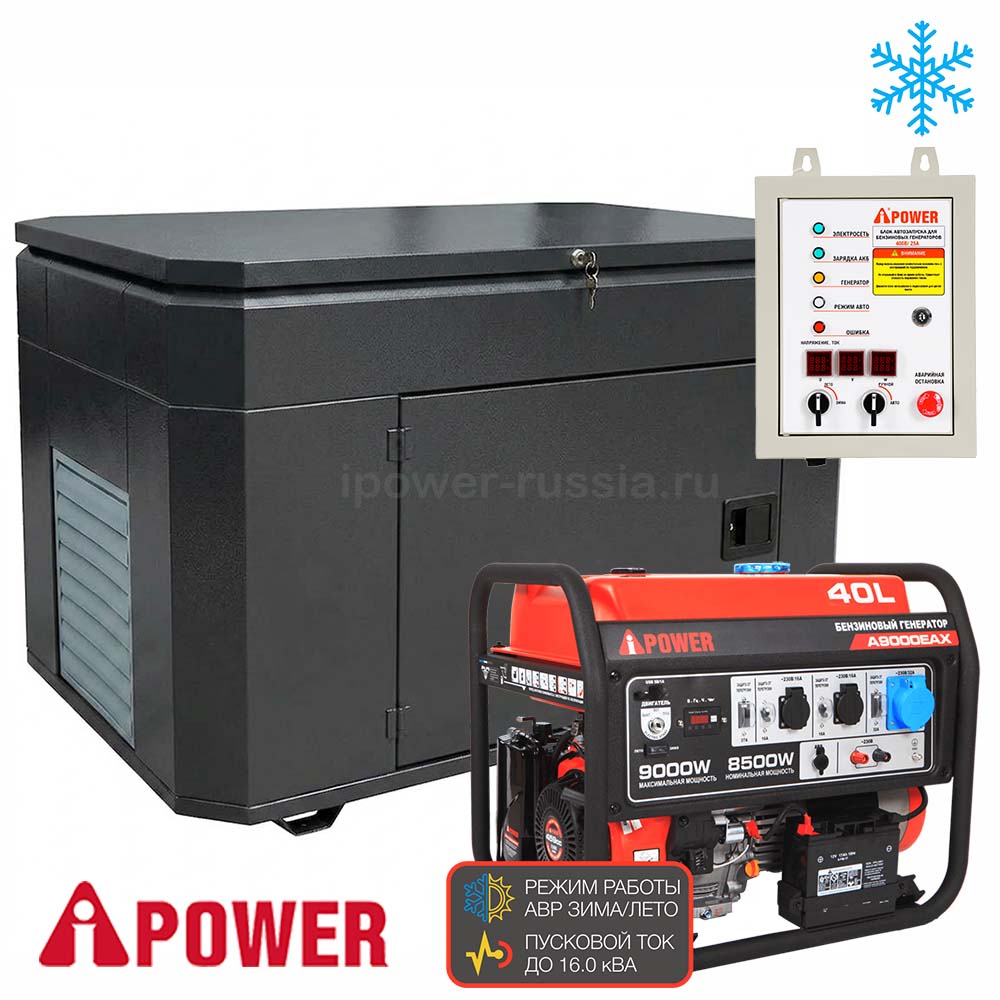 Бензиновый генератор в зимнем супер тихом кожухе с АВР A-iPower A9000EAX/1400SSW RAL 7024