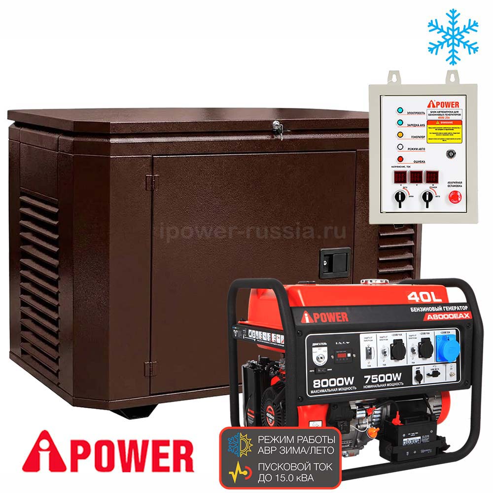Бензиновый генератор в зимнем кожухе с АВР A-iPower A8000EAX/1200SCW RAL 8019