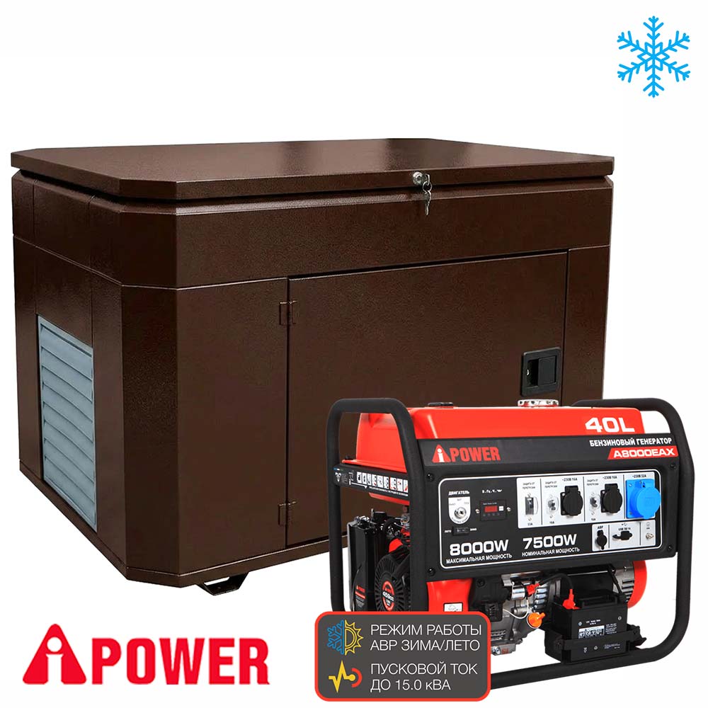 Бензиновый генератор в супер тихом зимнем кожухе A-iPower A8000EAX/1400SSW RAL 8019