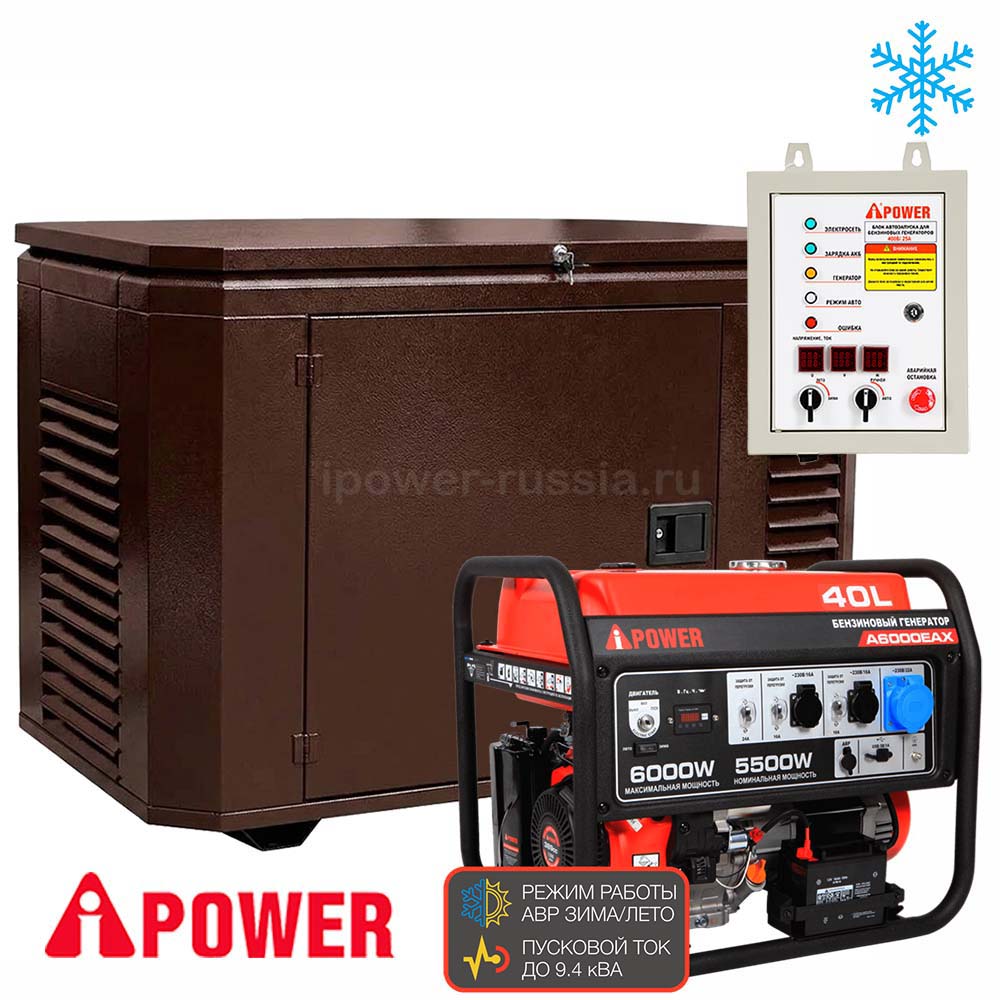 Бензиновый генератор в зимнем кожухе с АВР A-iPower A6000EAX/1200SCW RAL 8019