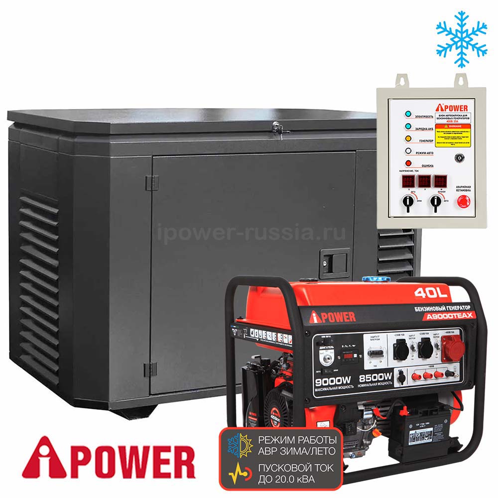 Бензиновый генератор в зимнем кожухе с АВР A-iPower A9000TEAX/1200SCW RAL 7024